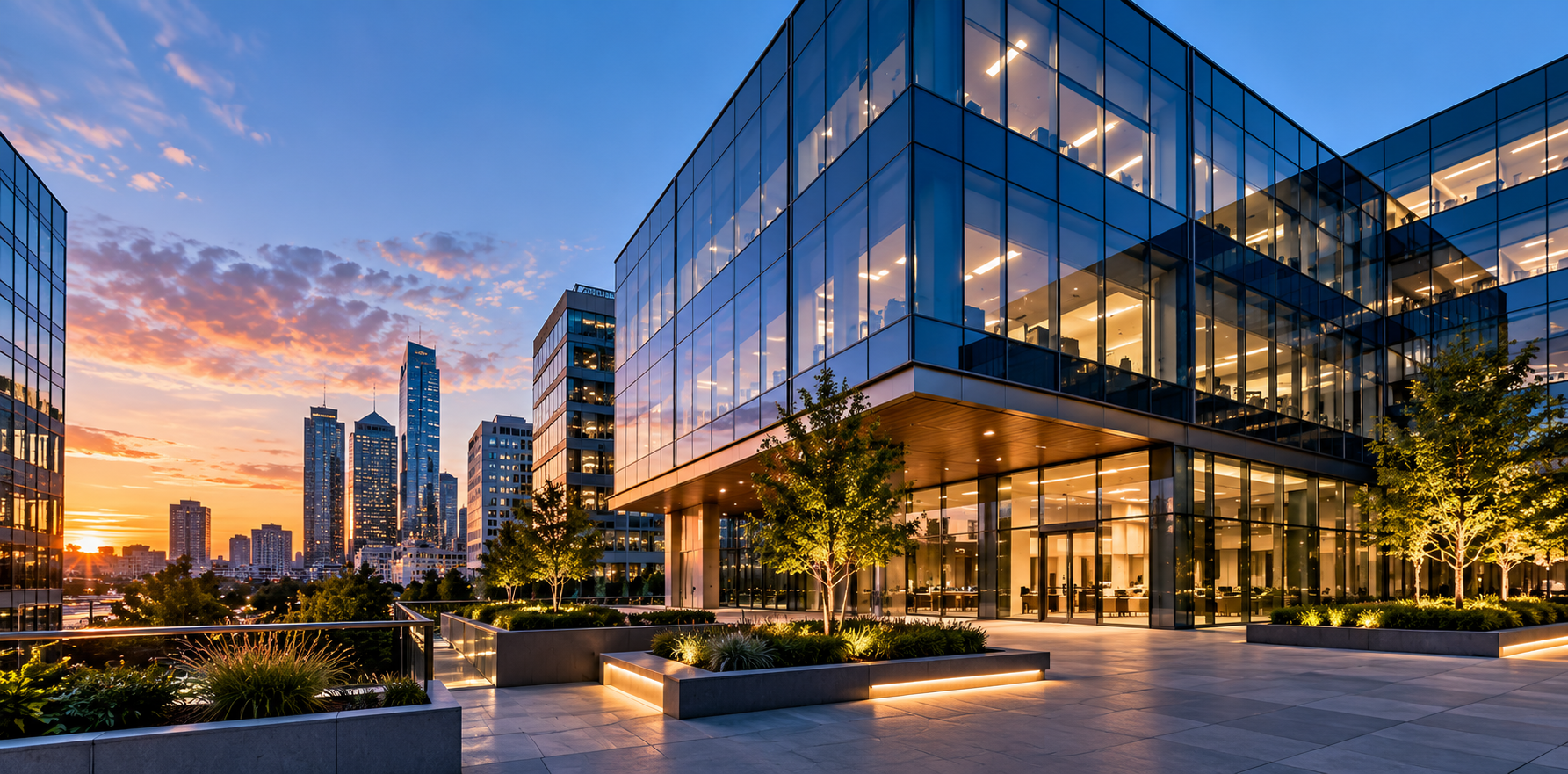 Modern glass commercial office buildings at dusk